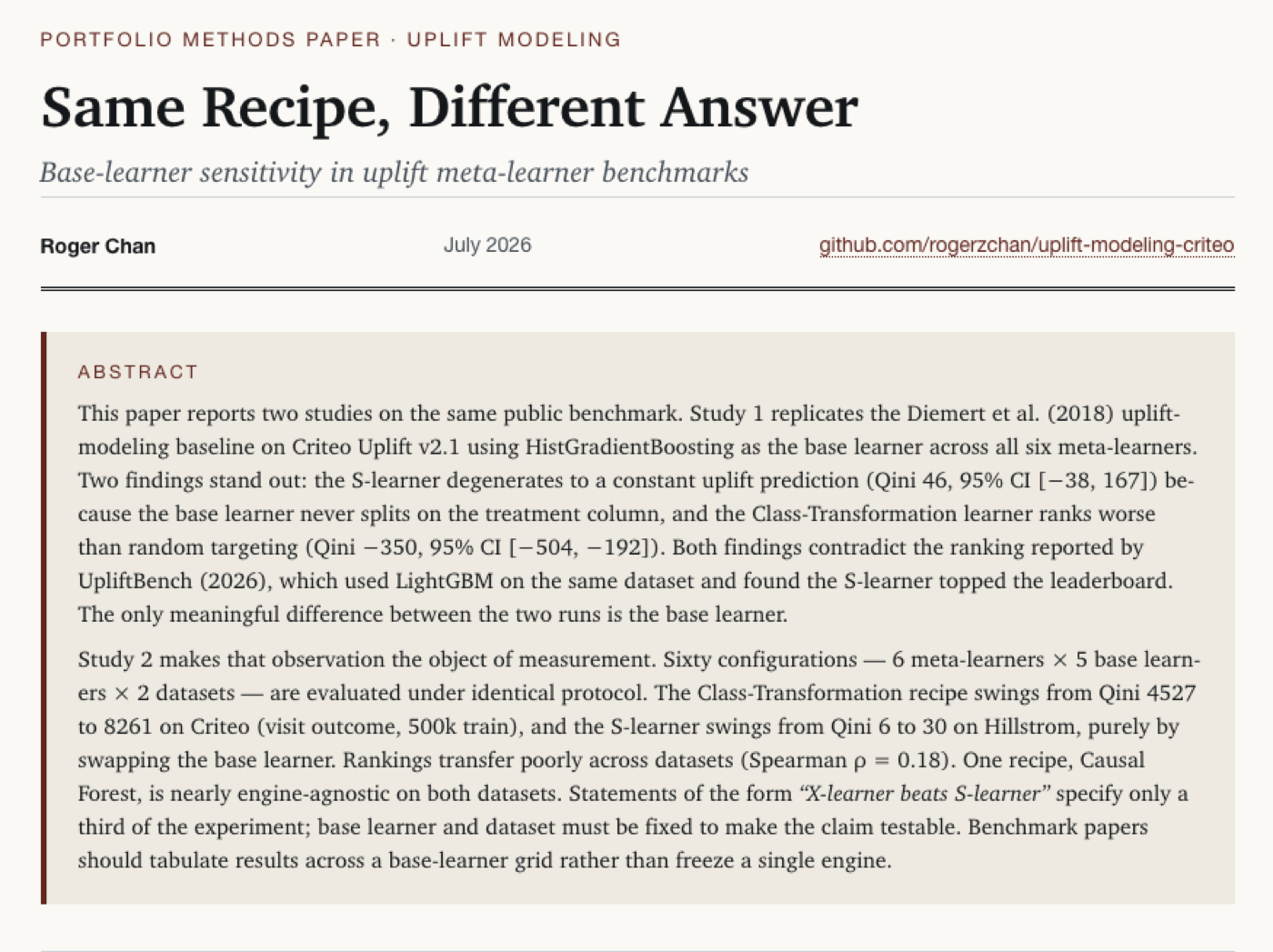 First page of the Same Recipe, Different Answer paper — masthead, title, and abstract.